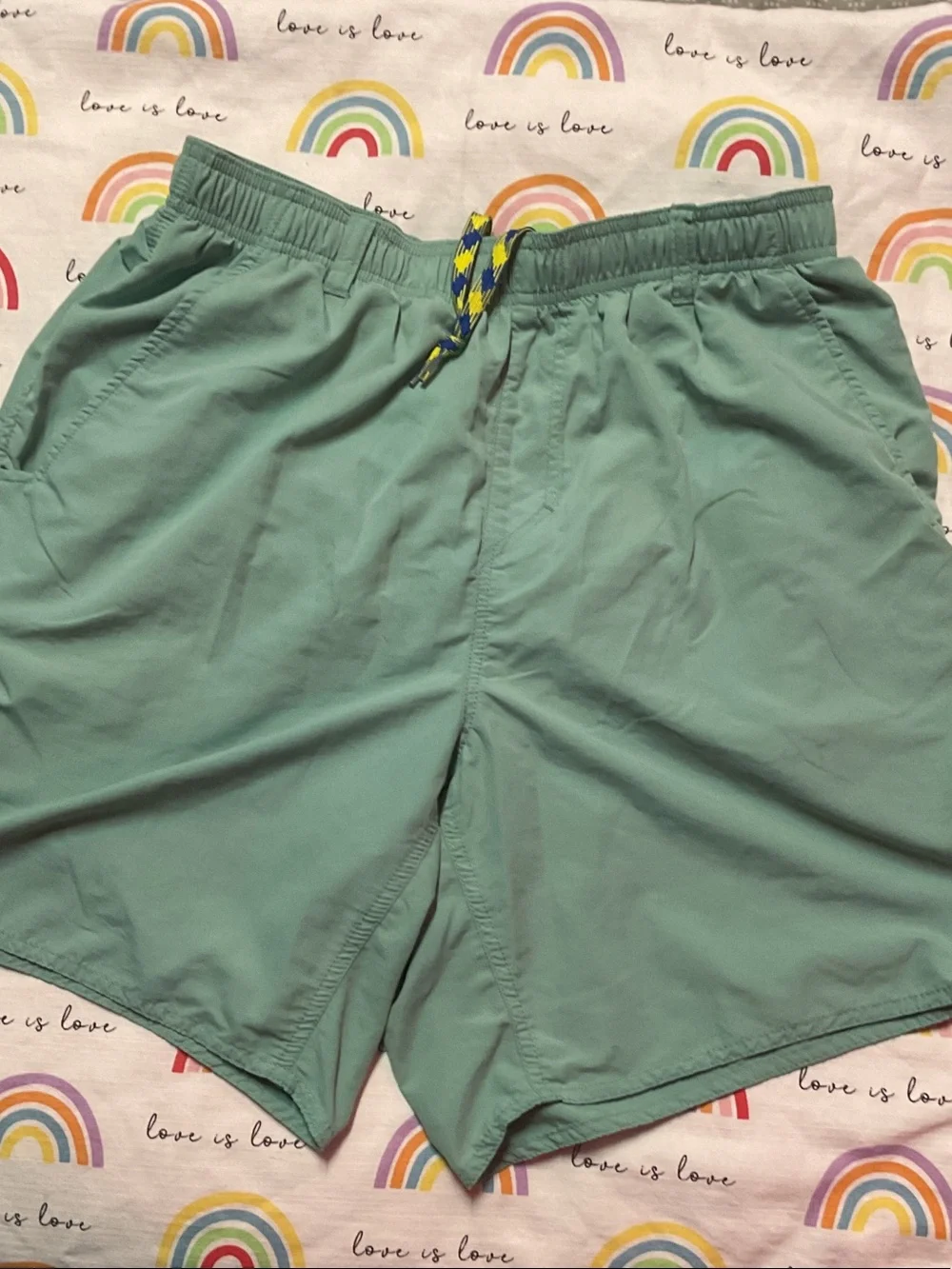 AFTCO Teal Swim Trunks with Yellow-Blue Drawstring